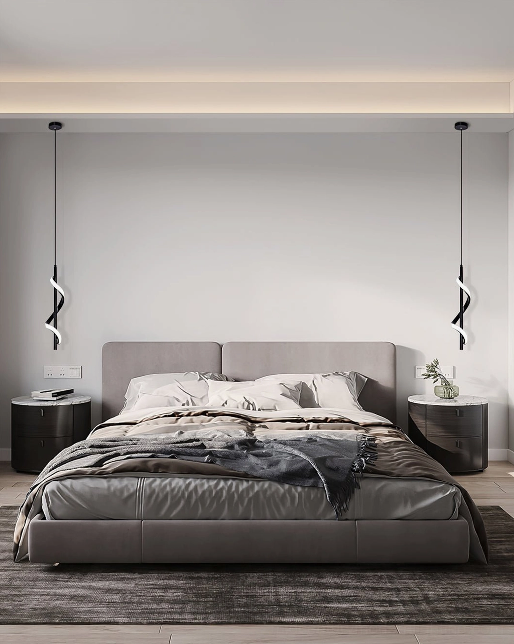 Hamburg spiral pendant light showcasing three-color changing LED functionality and sculptural mid-century design detail