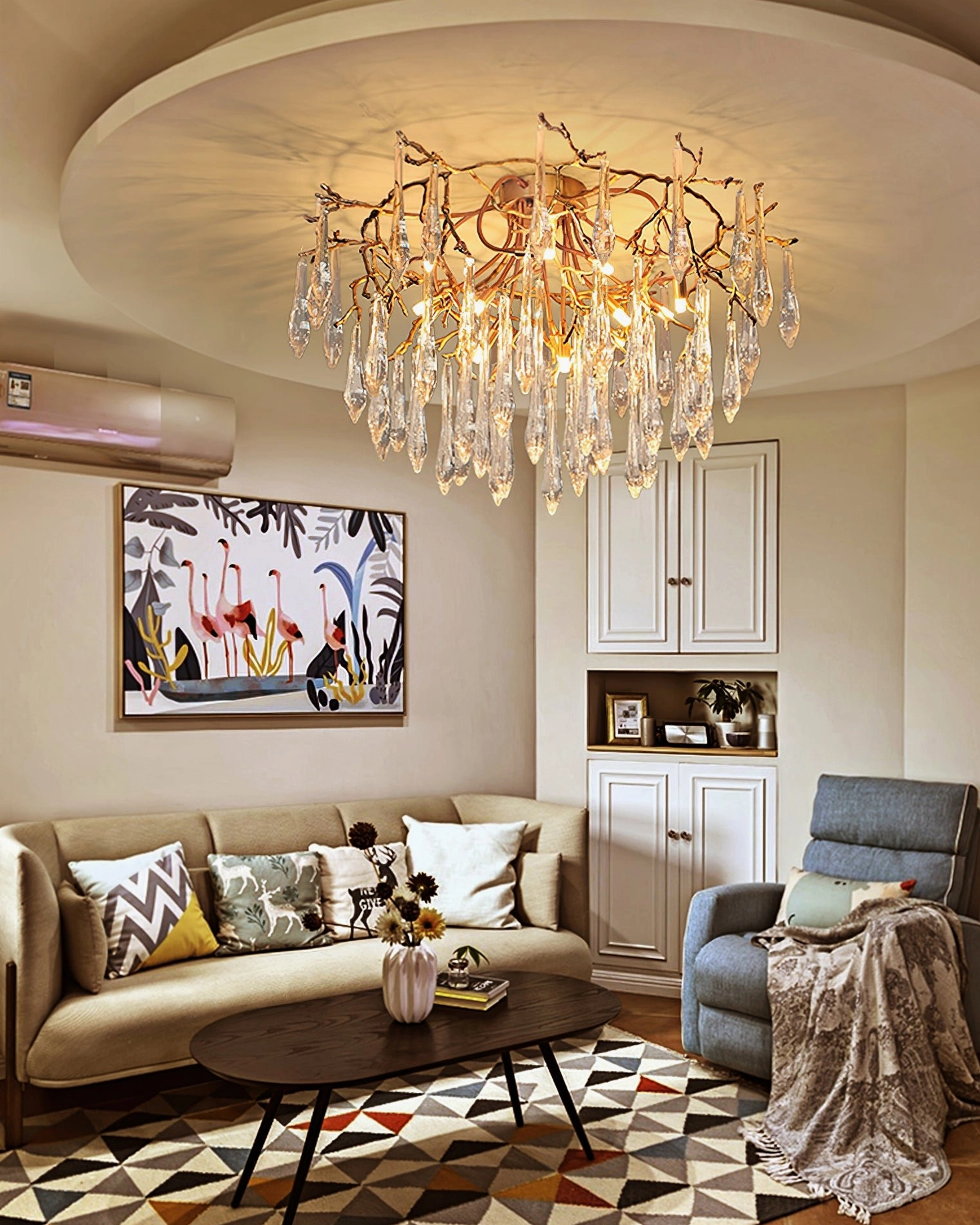 Hand-blown glass teardrop crystal ceiling fixture, close-up architectural lighting