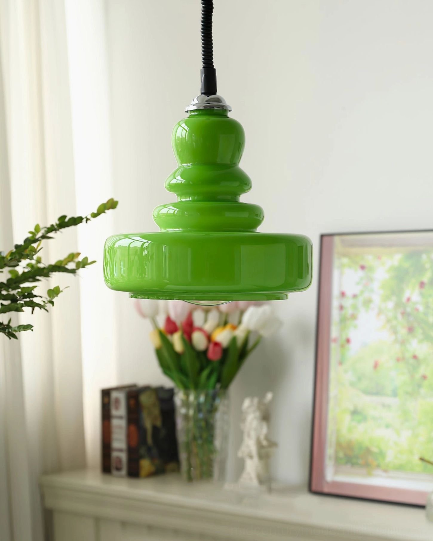 Organic form gourd pendant light with hand-blown glass construction and refined mid-century modern silhouette
