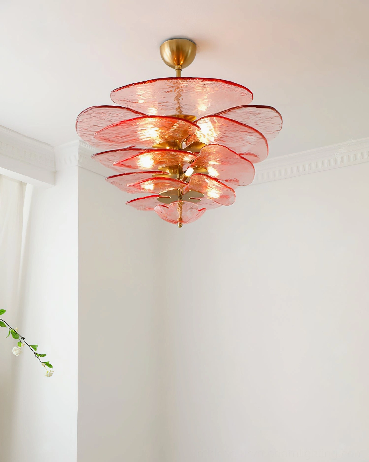 Hand-blown lotus leaf Murano chandelier showing glass petal arrangement and light distribution