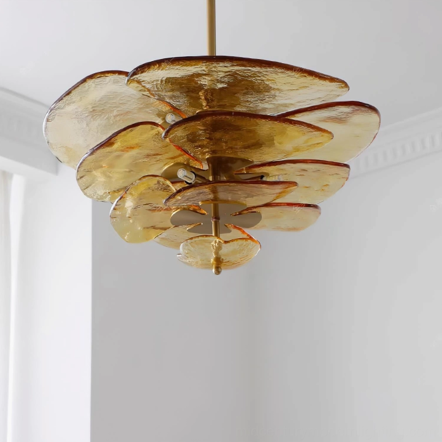 Hand-blown lotus leaf Murano chandelier variant with glass petal complexity and amber tone
