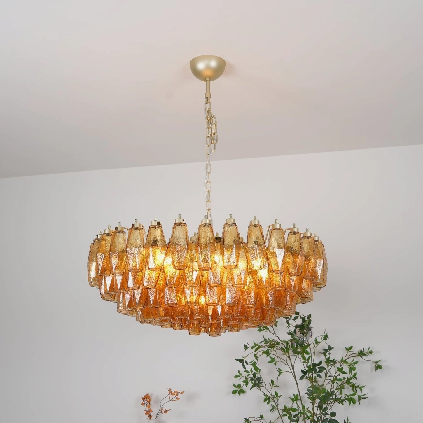 Hand-blown Murano glass chandelier with 141 amber rhombi pieces suspended in geometric composition