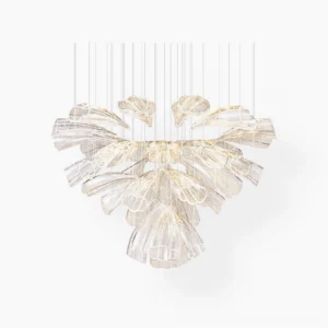 Hand-cut glass lotus chandelier with chrome frame and layered clear glass petals on white background, modern pendant light fixture