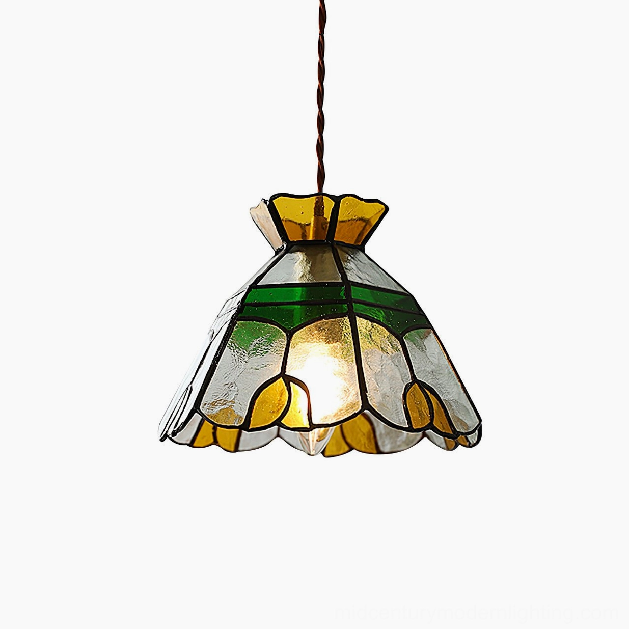 Vitral handcrafted stained glass pendant light with rich jewel tones and geometric patterning