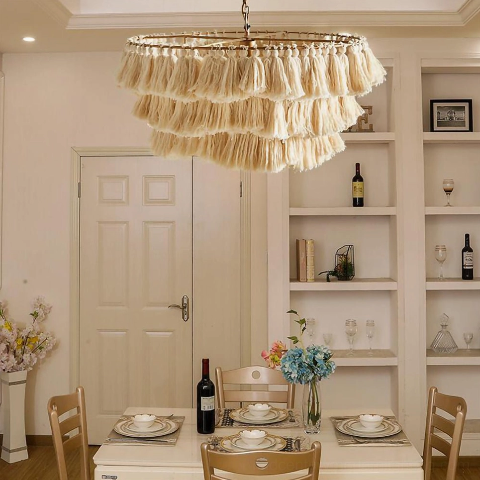 Layered bohemian tassel chandelier showcasing handwoven fabric construction and artisanal detail