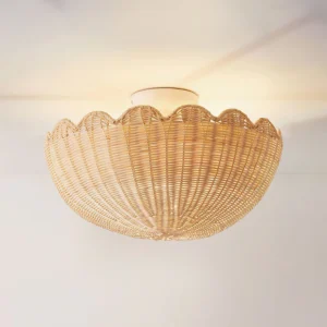 Close-up detail of scalloped rattan flush mount ceiling lamp showing intricate hand-woven texture pattern and decorative rim