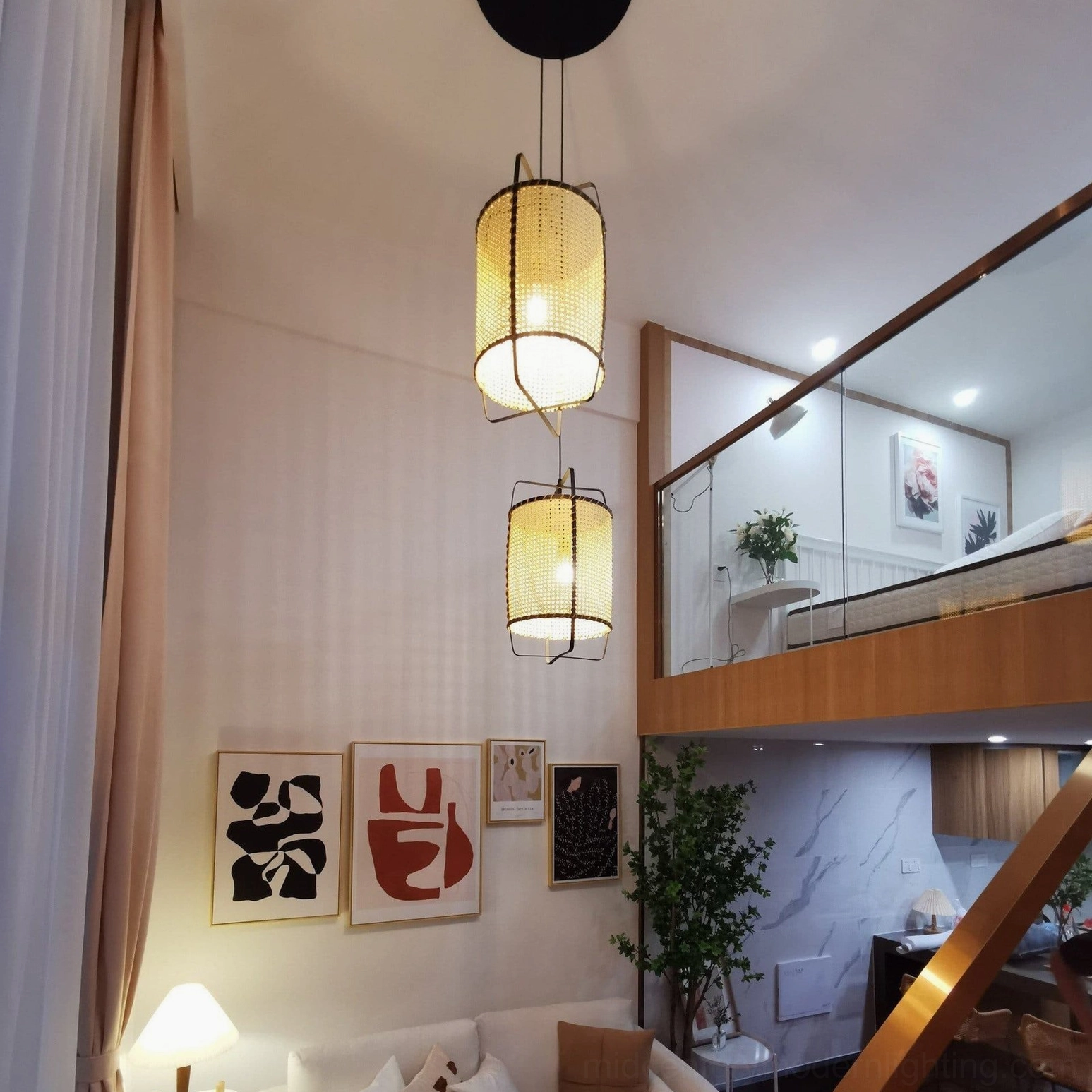 Handwoven rattan cane pendant light suspension fixture, featuring cylindrical geometry, black metal frame option, and artisanal weaving detail