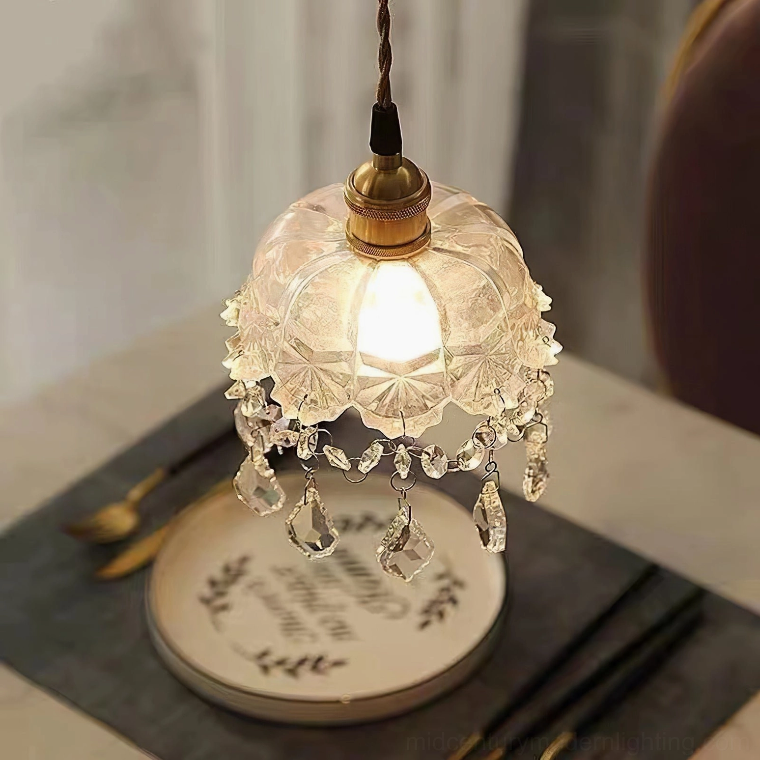 Hanging crystal glass pendant fixture, ceiling mount detail, brass suspension system