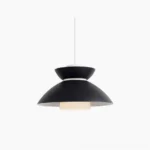 Hannes modern pendant lamp with layered matte black metal shade, direct frontal view on white background