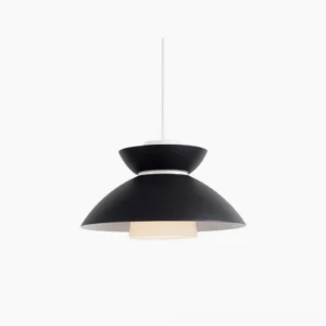 Hannes modern pendant lamp with layered matte black metal shade, direct frontal view on white background