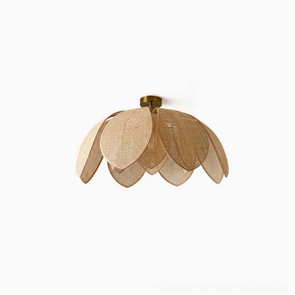 Hanove lotus rattan ceiling light front view, organic modern pendant with natural woven petal design and brass hardware on white background