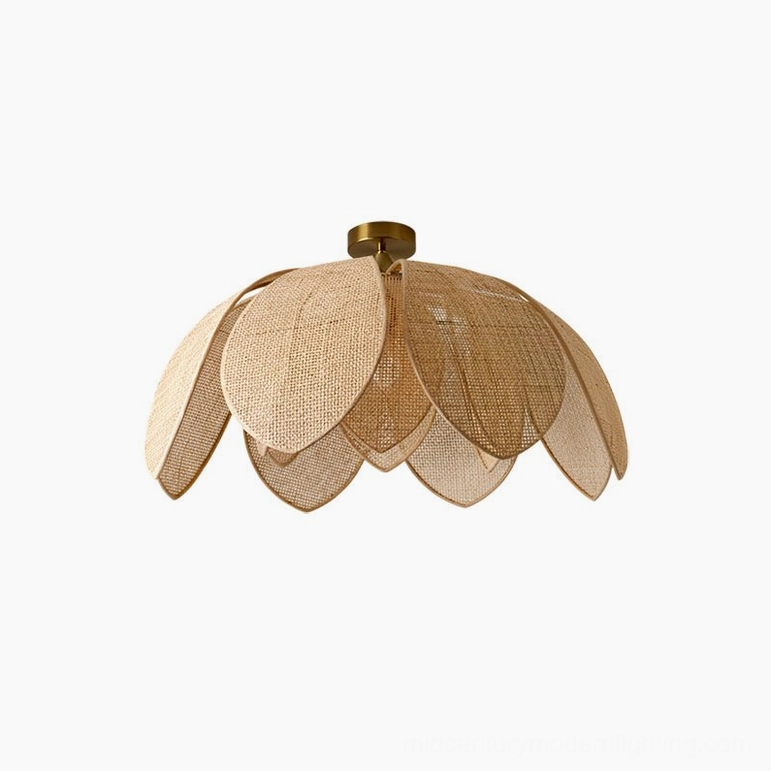 Hanove compact lotus rattan ceiling light, medium size with warm brass hardware and natural woven petal design