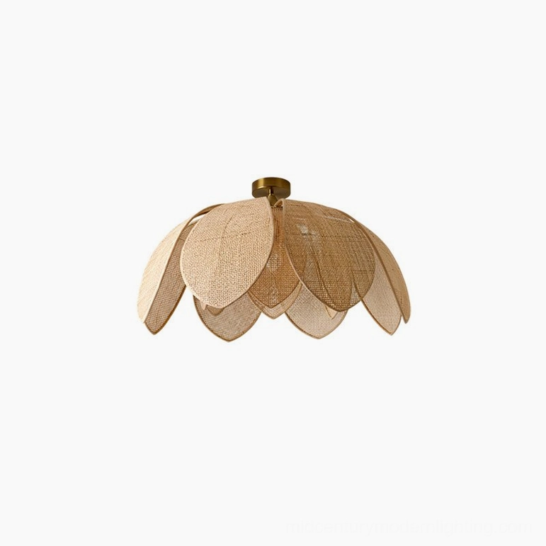 Hanove small lotus rattan ceiling light, compact bohemian pendant with natural woven petals and brass accent