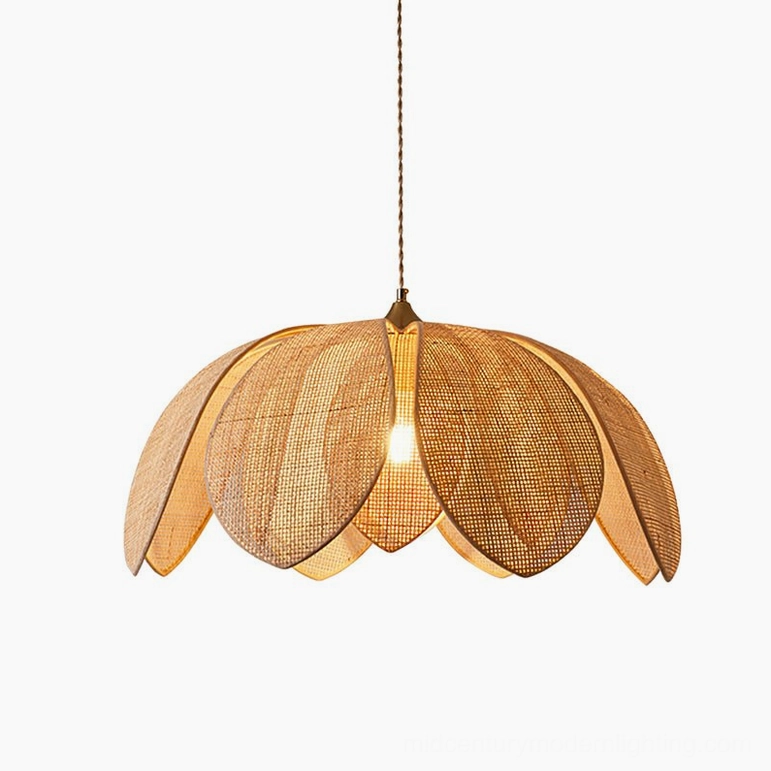 Hanove large petal pendant light with exposed bulb and brass hardware, low angle view on white background