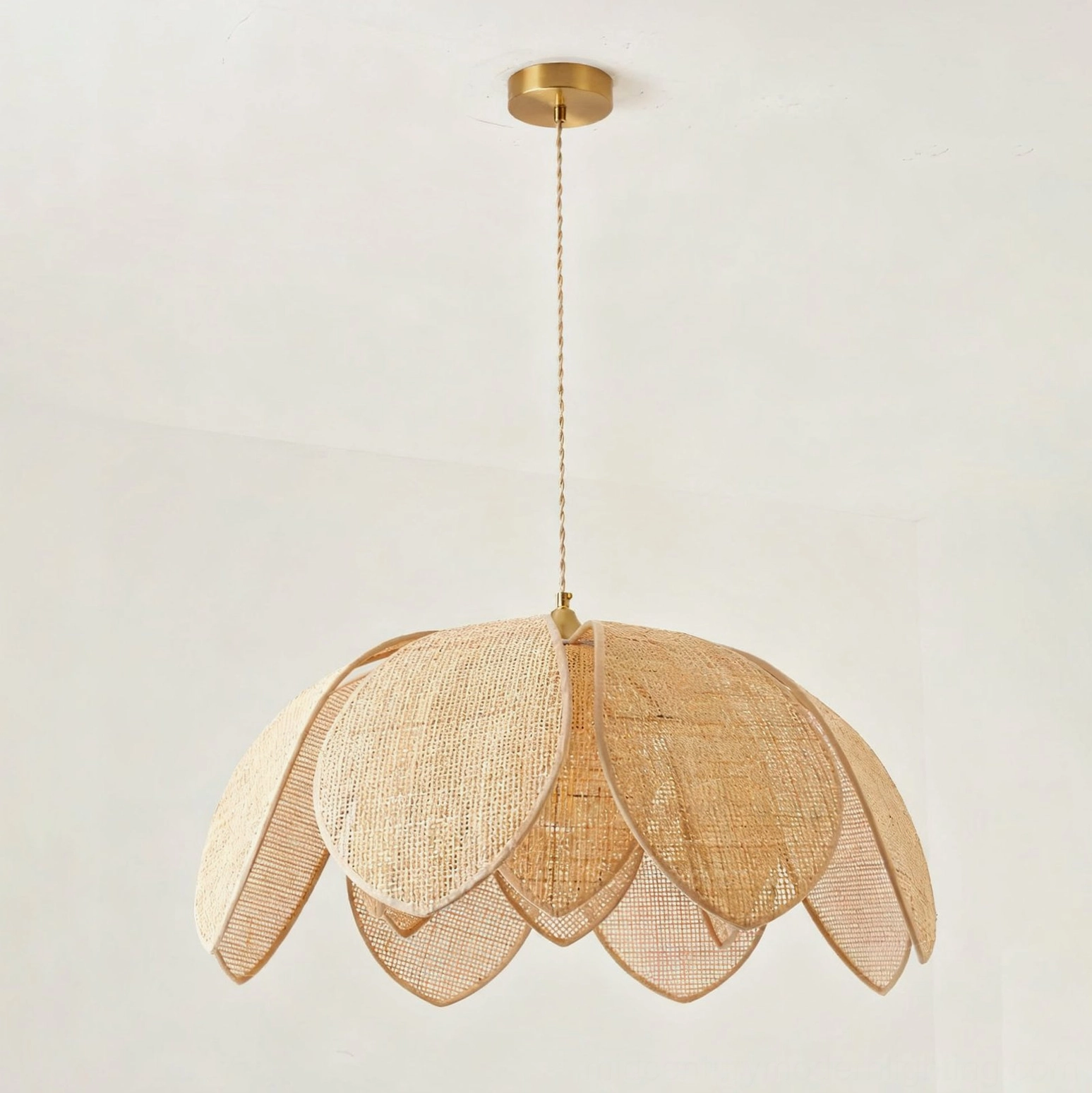 Hanove petal shade pendant light detailed view on white background showing interlocking rattan weave and brass finish