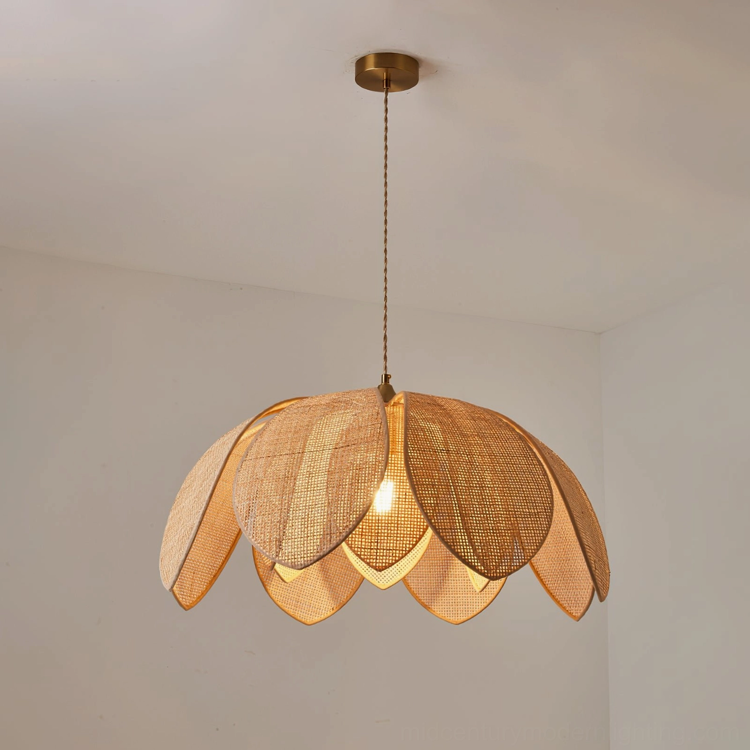 Hanove organic pendant light in minimalist wabi-sabi style living room with natural materials and calm aesthetic