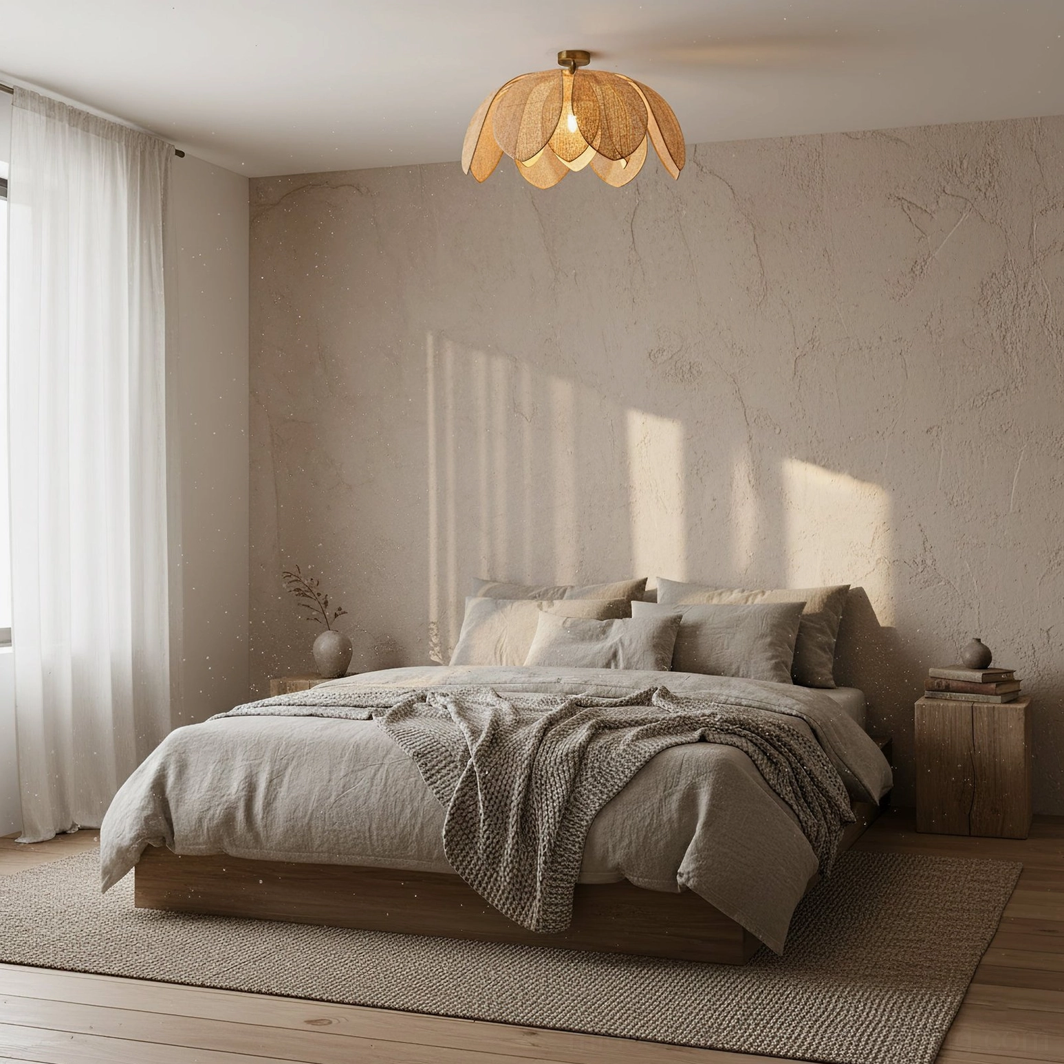 Hanove rattan ceiling light in minimalist bedroom with textured accent wall, calm bohemian lighting fixture installation