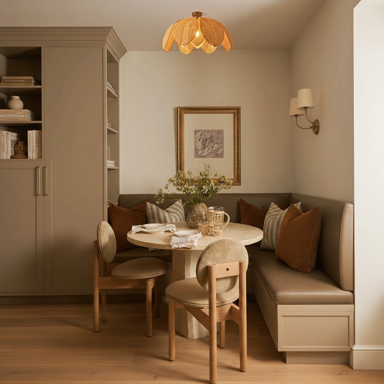Hanove rattan ceiling light in cozy dining area with booth seating, rustic warm neutral pendant for dining nook