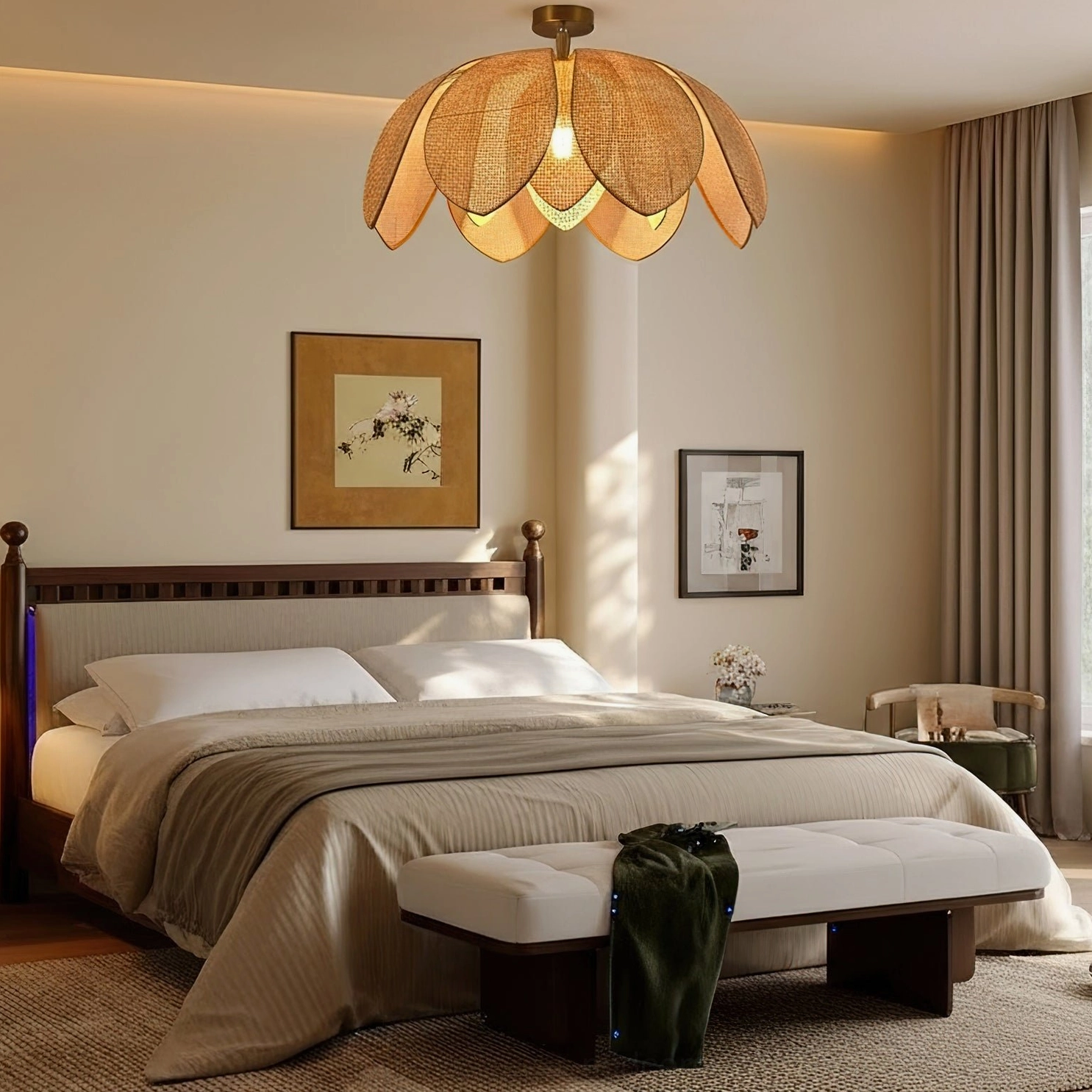Hanove rattan ceiling light in classic farmhouse bedroom, cozy rustic interior with warm neutral home decor style