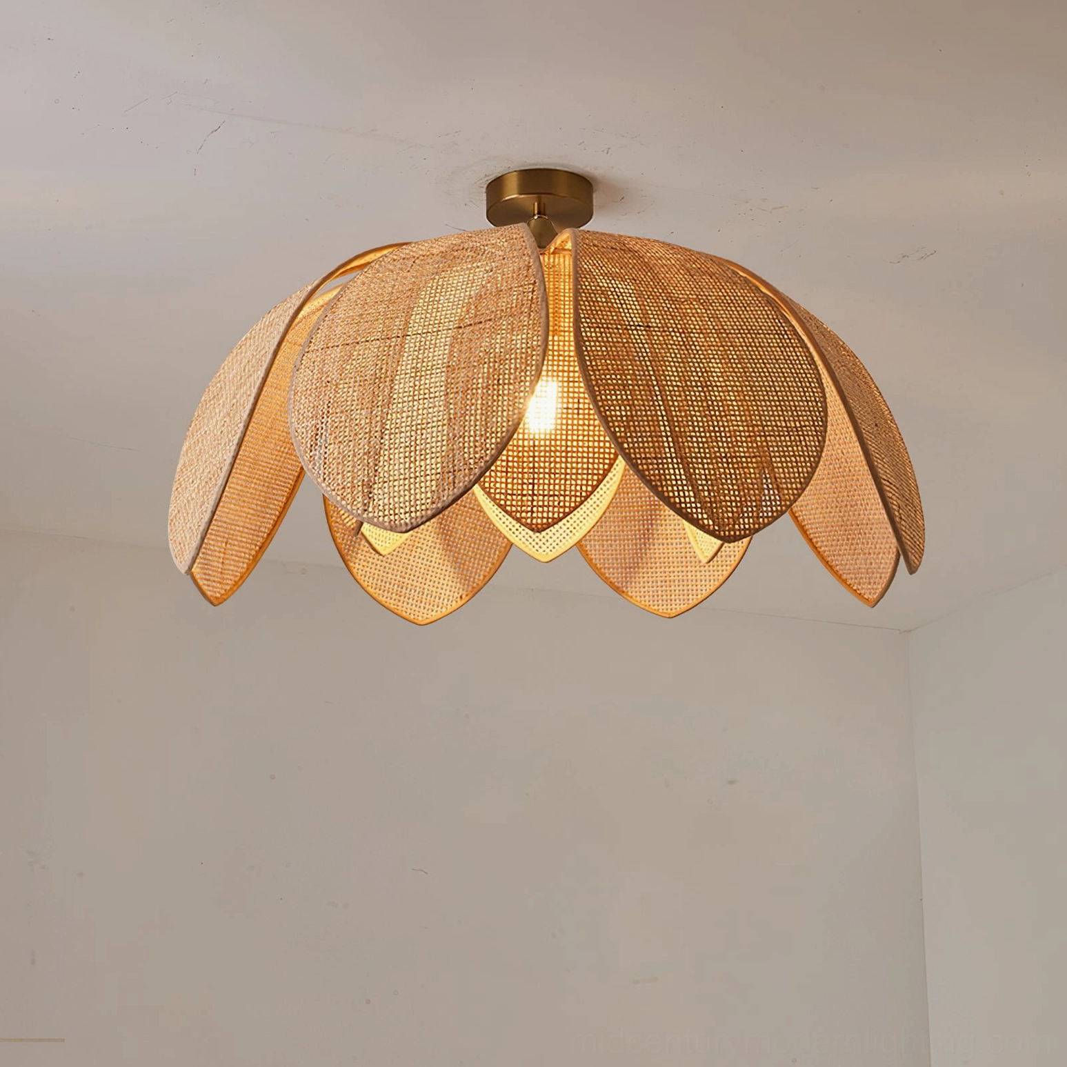 Hanove rattan ceiling light overhead perspective, minimalist room interior view showcasing natural boho lighting fixture