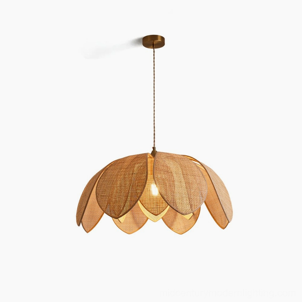 Hanove organic rattan pendant light with petal shade design on white background, front view showcasing natural woven texture and brass hardware