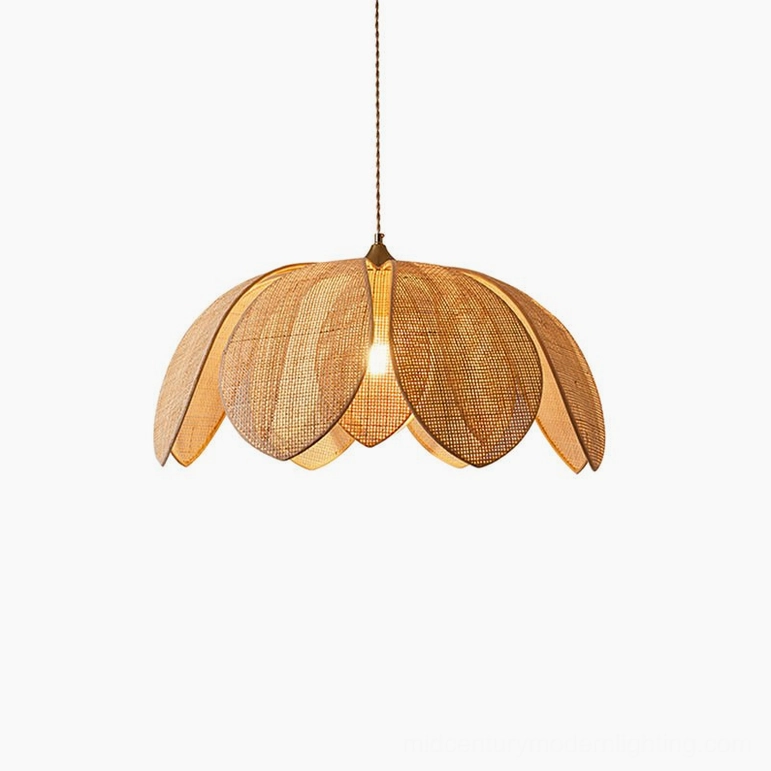 Hanove small rattan pendant light with organic petal shape, perfect for entryways and compact spaces