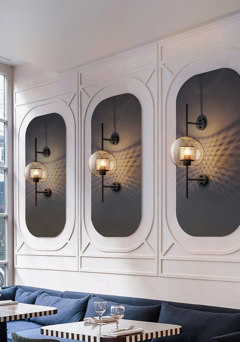 Glass sconce detail showing hardware mounting and structural design elements