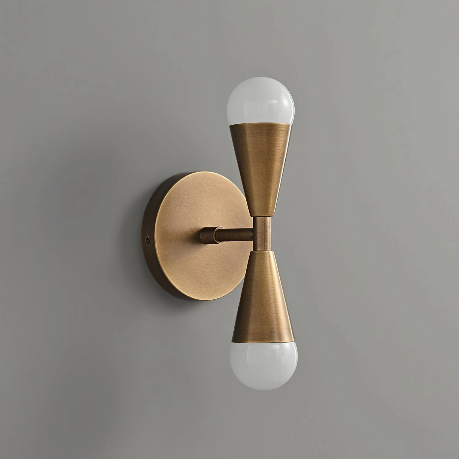 Dual-head vertical Harlan Gooseneck Wall Sconce, aged antique brass finish, vertical dual tapered decorative design