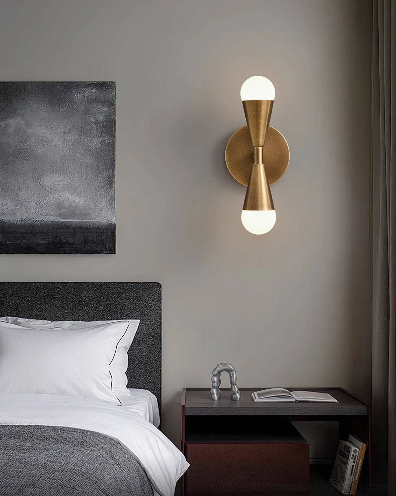 Harlan Gooseneck Wall Sconce installed bathroom vanity, antique brass lighting, functional task lighting design
