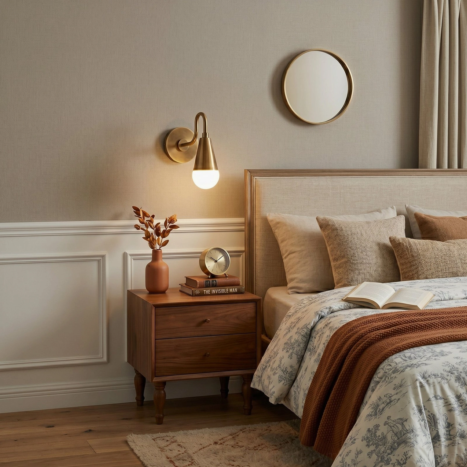 Harlan Gooseneck Sconce mounted in classic bedroom interior, warm brass tones, traditional farmhouse lighting design