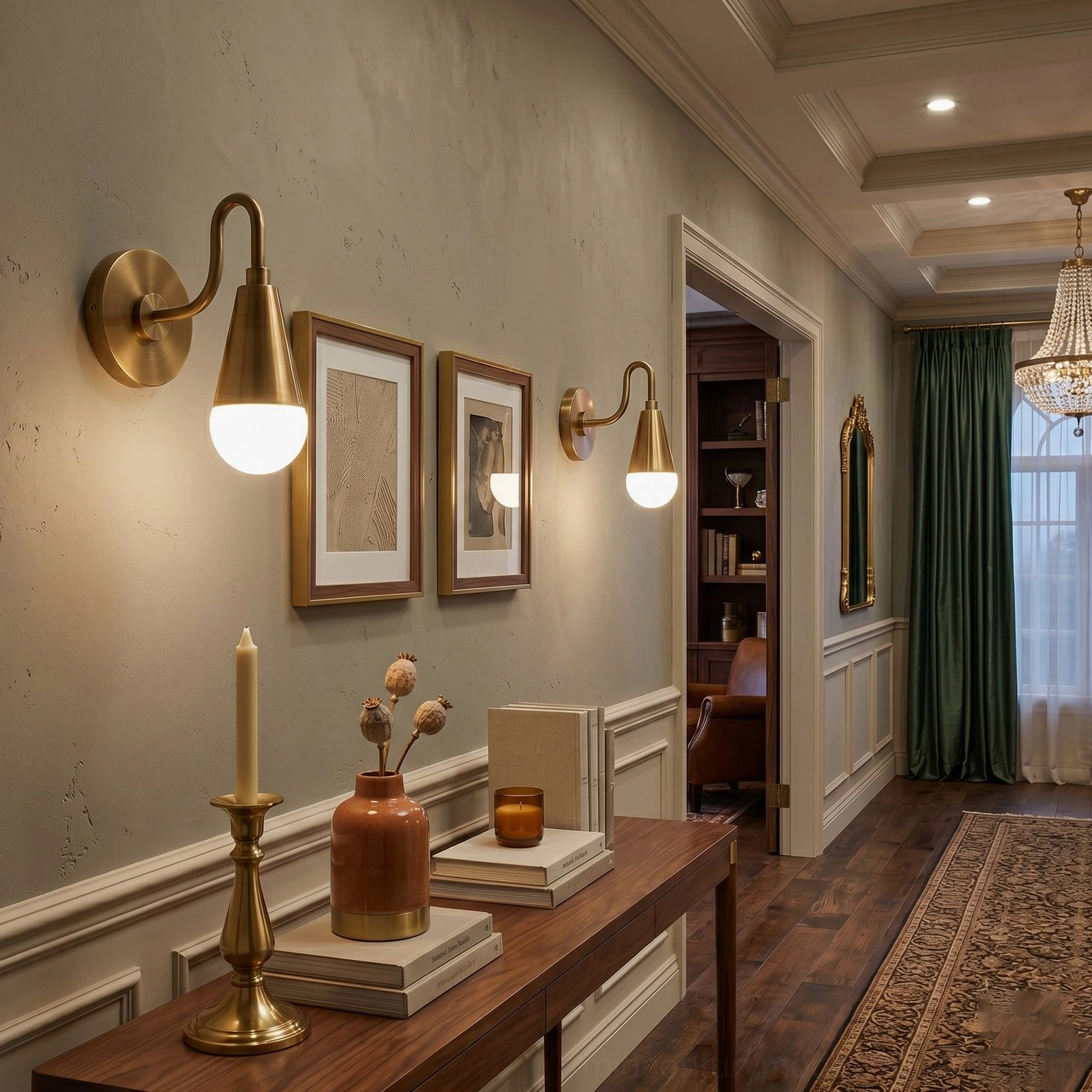 Dual Harlan Gooseneck Wall Sconces in hallway, coordinated brass fixtures with framed wall art, traditional residential interior