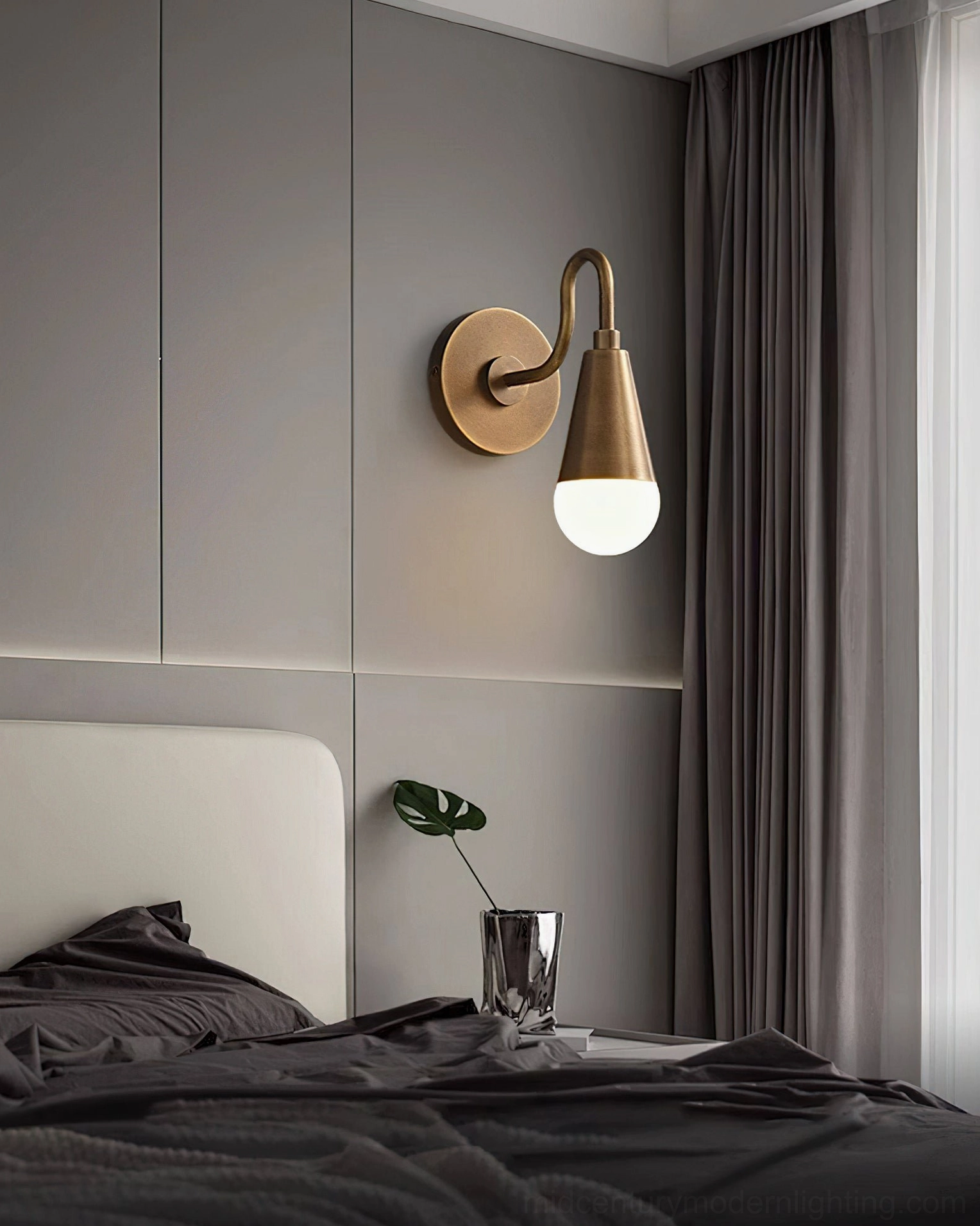 Harlan Gooseneck Wall Sconce home office installation, antique brass desk lighting, mid-century modern work space