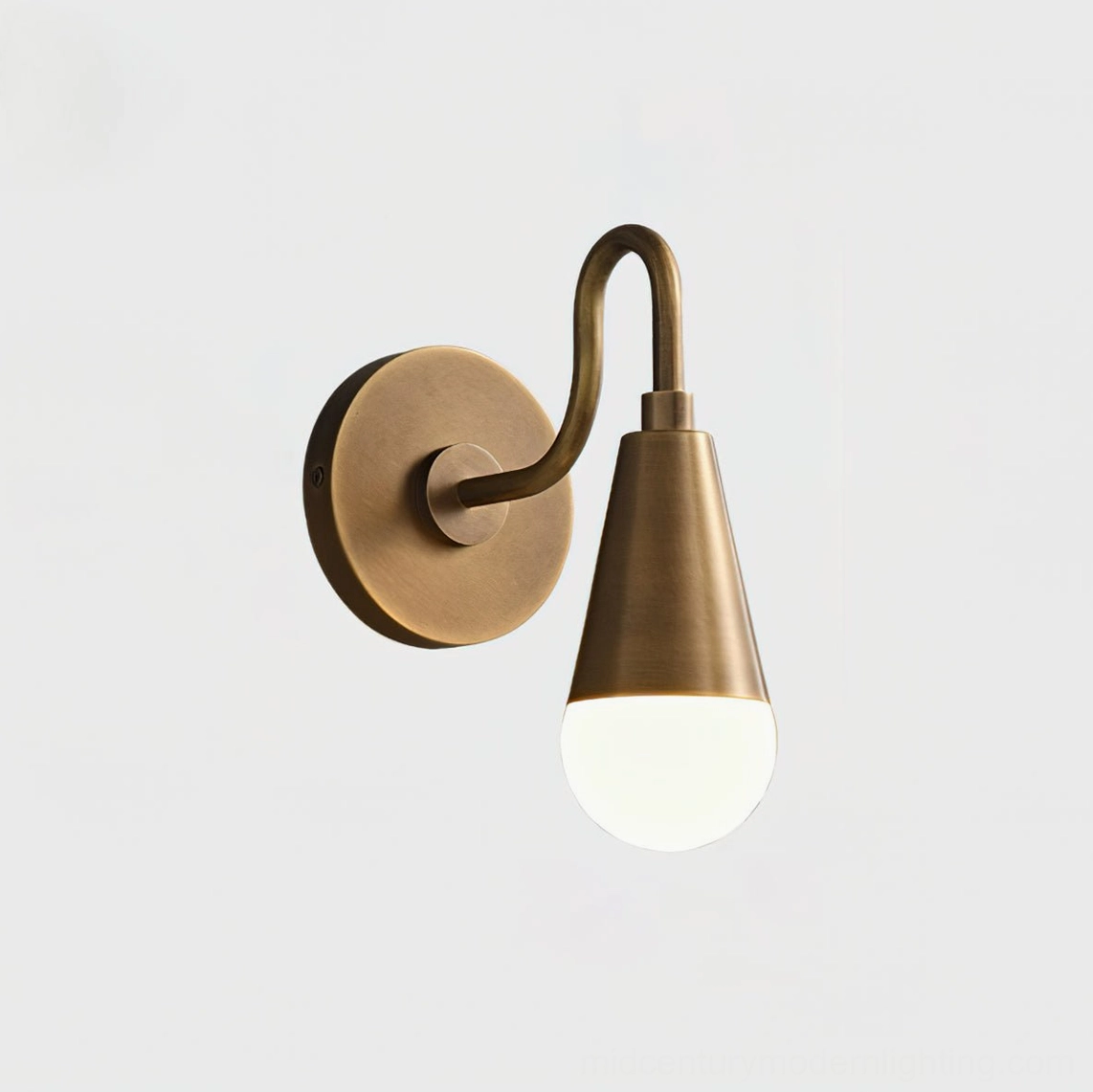Harlan Gooseneck Wall Sconce Model A, antique brass finish, architectural product shot, mid-century modern fixture