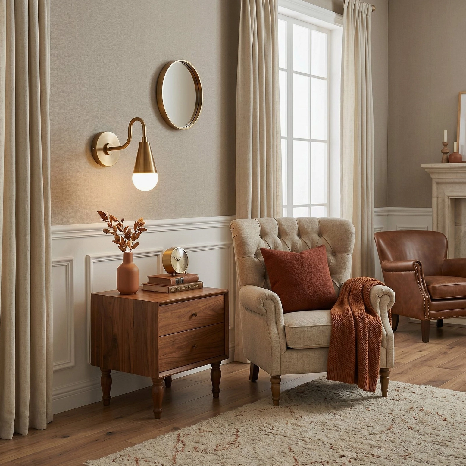Paired Harlan Gooseneck Wall Sconces in formal living room with fireplace, matching antique brass fixtures, neutral warm decor