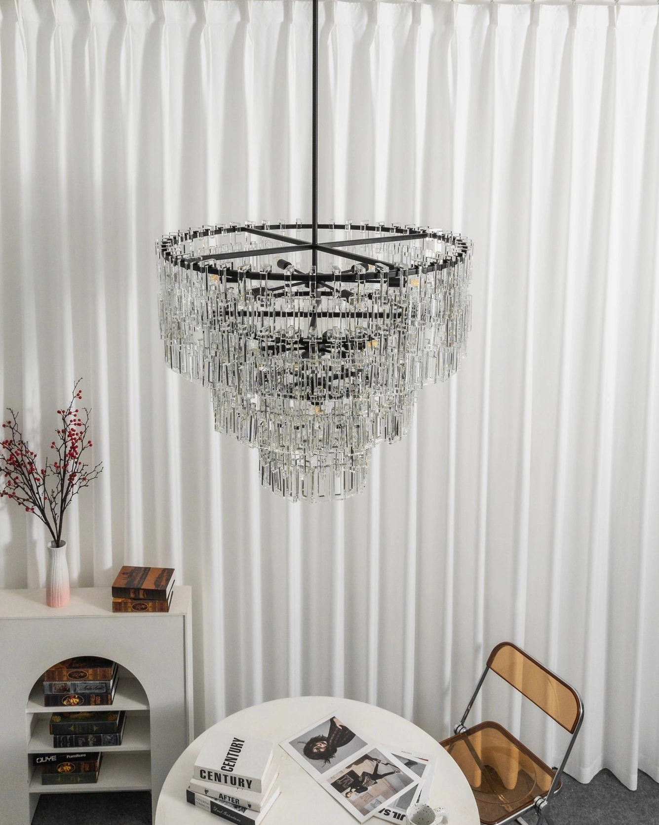 Harlow geometric crystal chandelier corner angle view showing multi-layered concentric steel construction