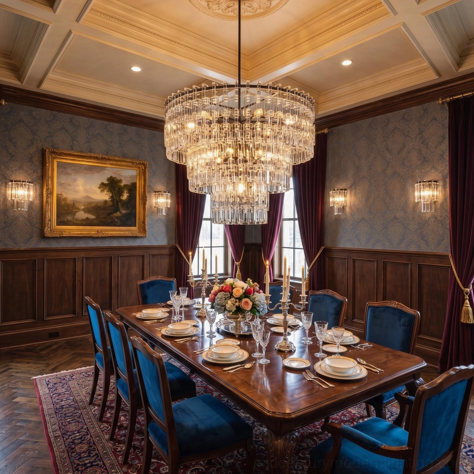 Tiered crystal chandelier hanging above formal dining table with blue velvet chairs contemporary luxury setting