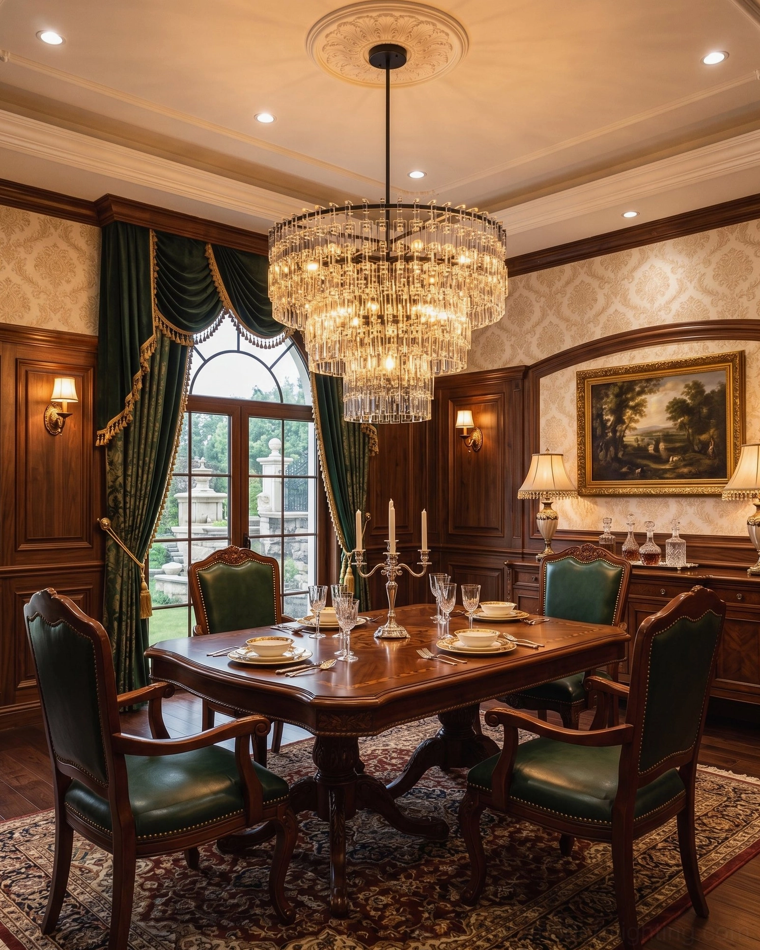 Tiered crystal chandelier with matte black frame in formal dining room green drapes neoclassical decor