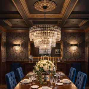 Harlow tiered crystal pendant light installed in formal wood-paneled dining room with neoclassical decor