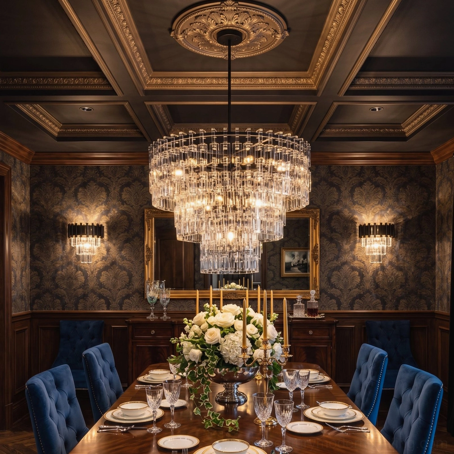 Harlow tiered crystal pendant light installed in formal wood-paneled dining room with neoclassical decor