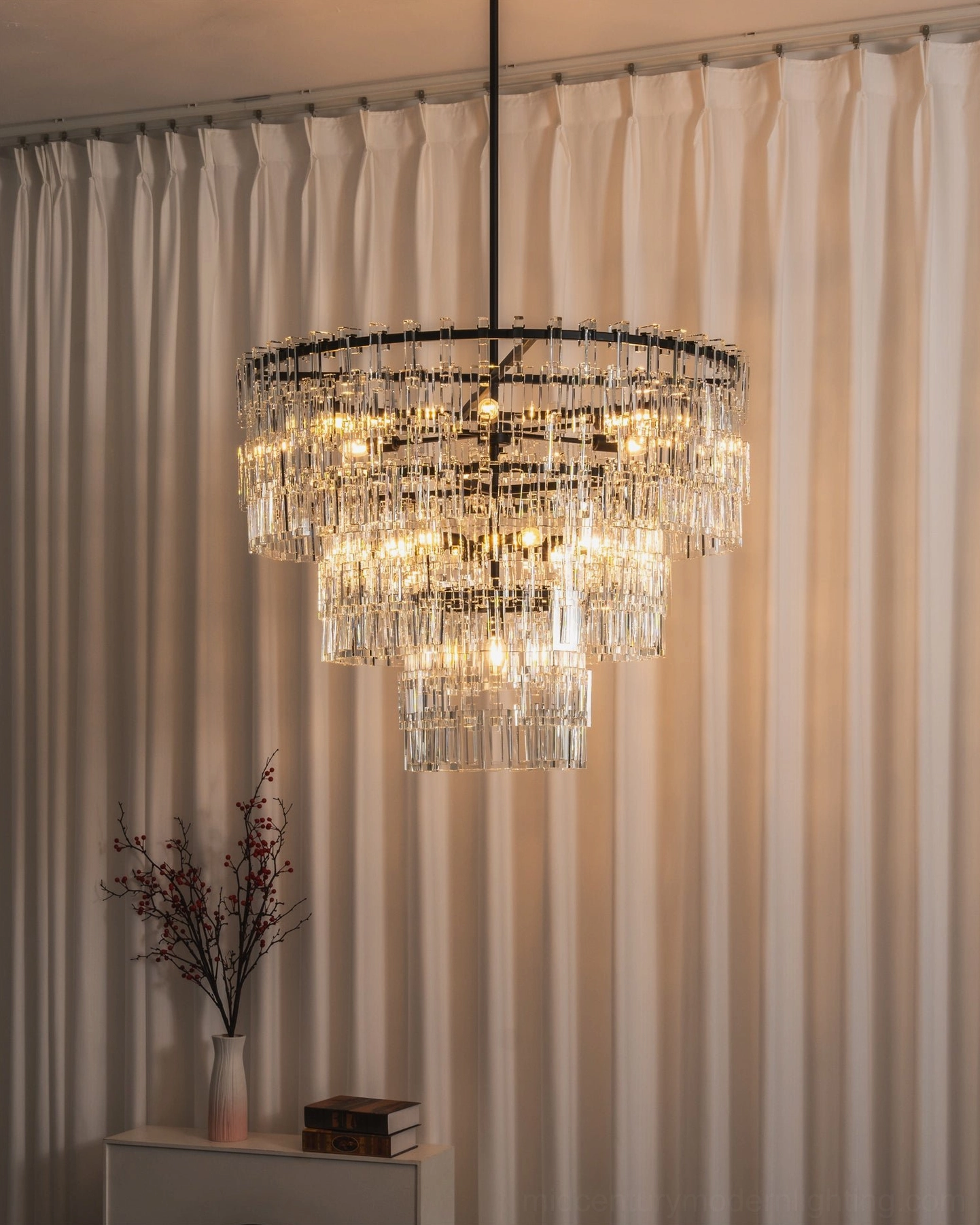 Geometric crystal chandelier side view showing three-dimensional crystal composition and frame structure