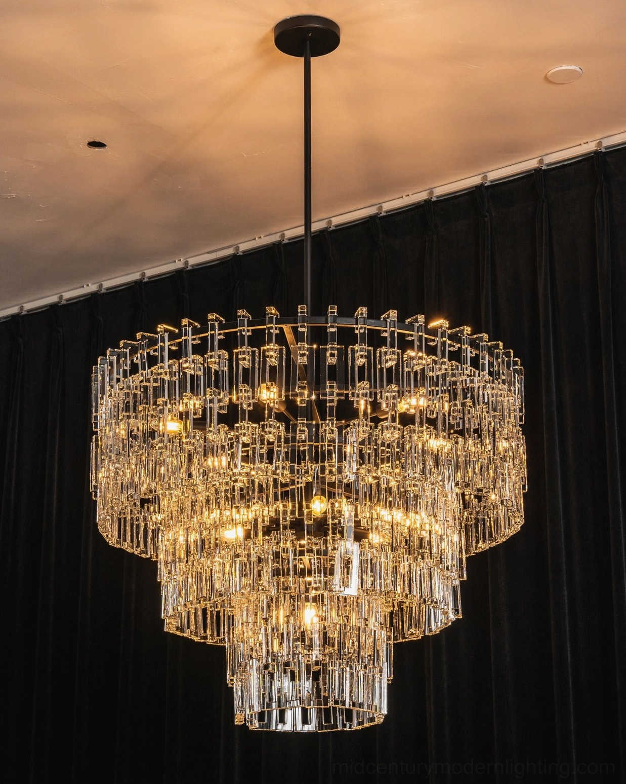 Harlow geometric crystal pendant showing multi-layered concentric steel frame matte black finish detail
