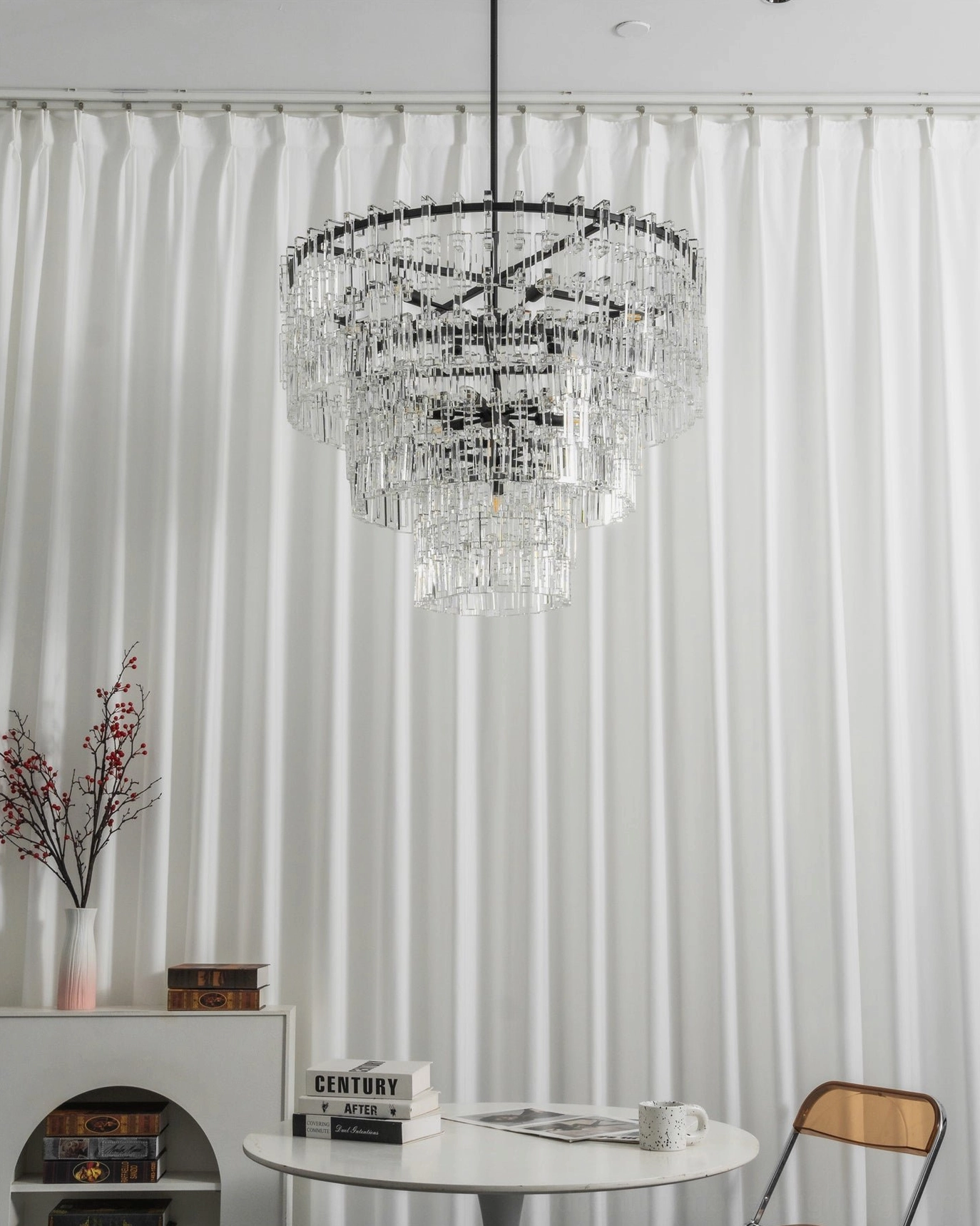 Harlow tiered crystal chandelier showing cascading matrix arrangement and matte black metal framework