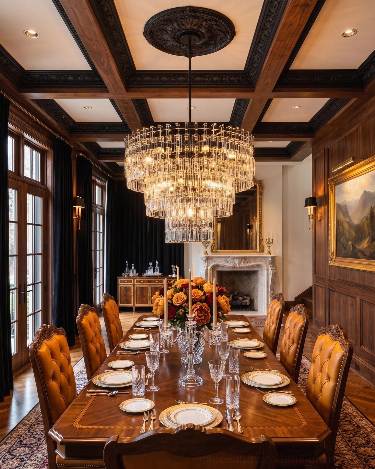 Harlow geometric crystal light fixture in coffered wood ceiling dining room with fireplace formal design