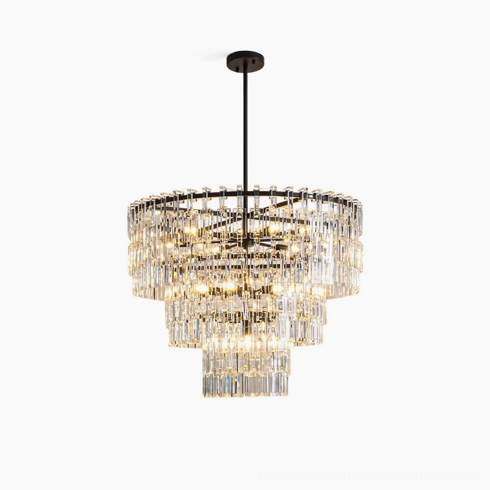 Harlow geometric crystal chandelier front studio view matte black metal frame with tiered clear crystal prisms