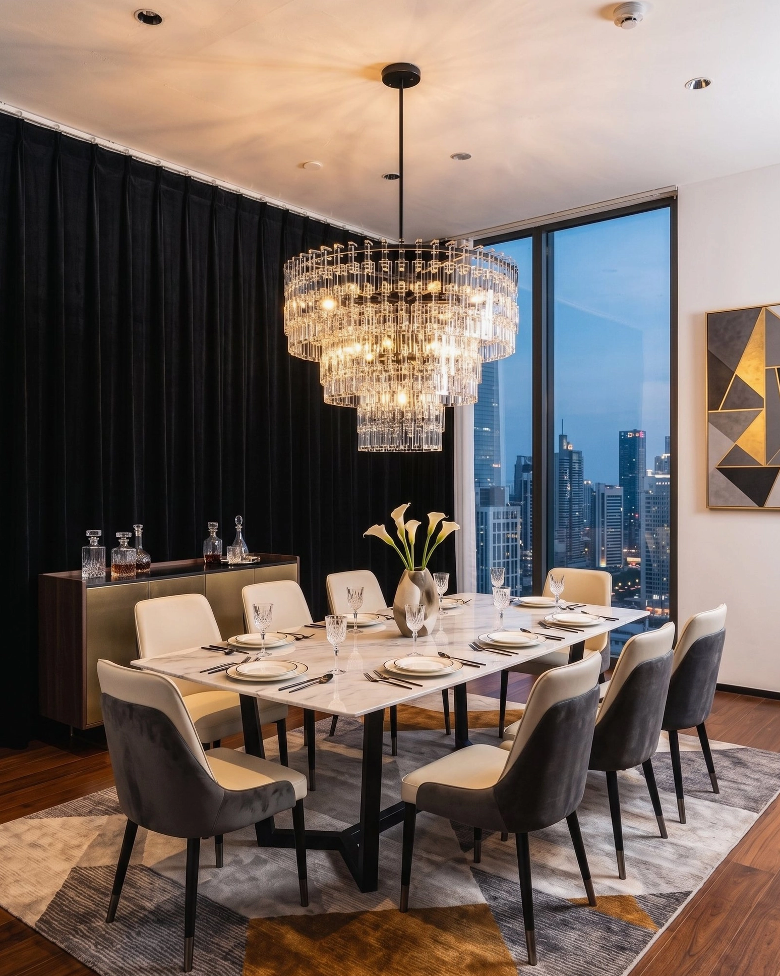 Modern geometric crystal chandelier in high-rise apartment dining area with city skyline view contemporary luxury