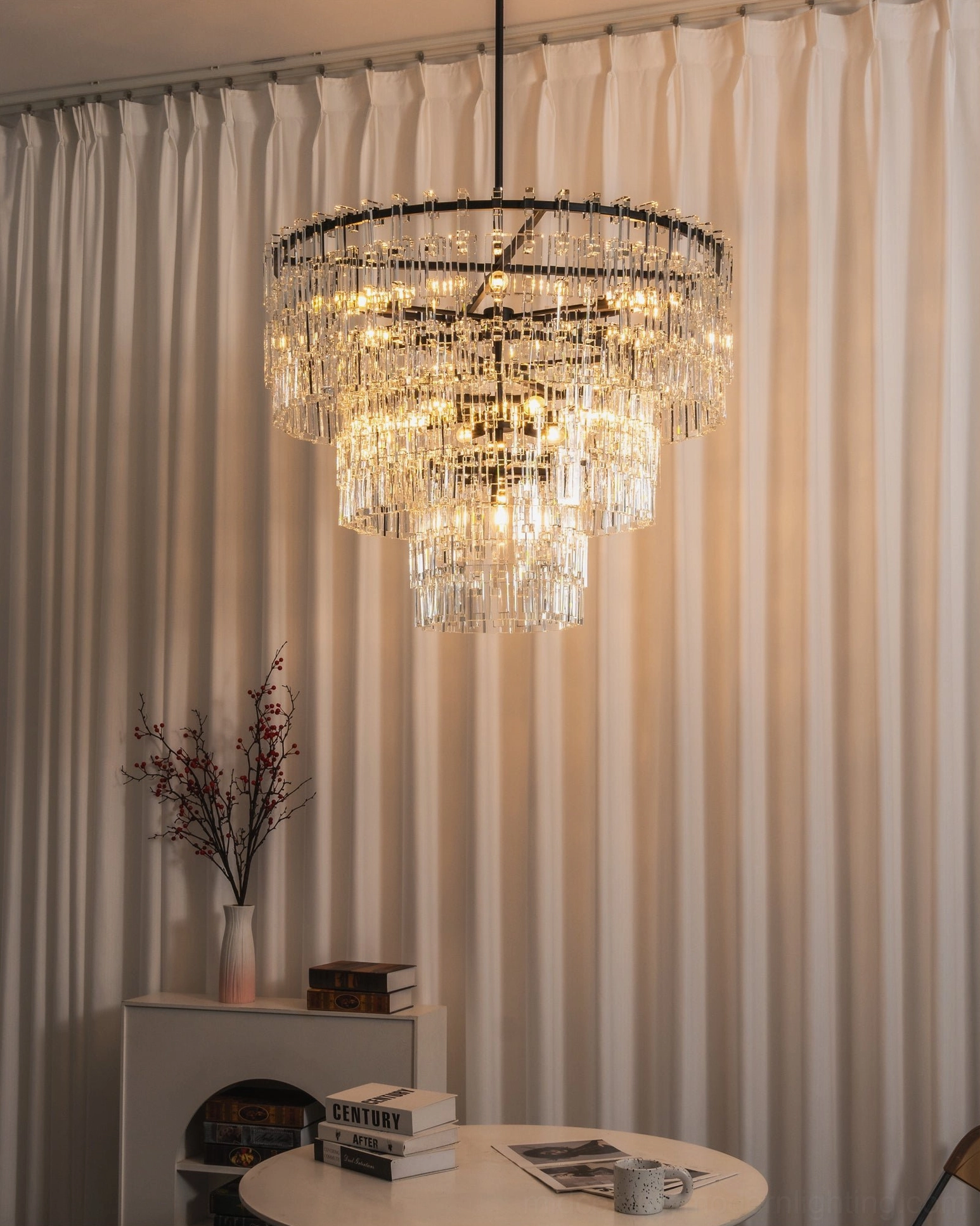 Harlow crystal pendant light side profile shot tiered waterfall design architectural detail