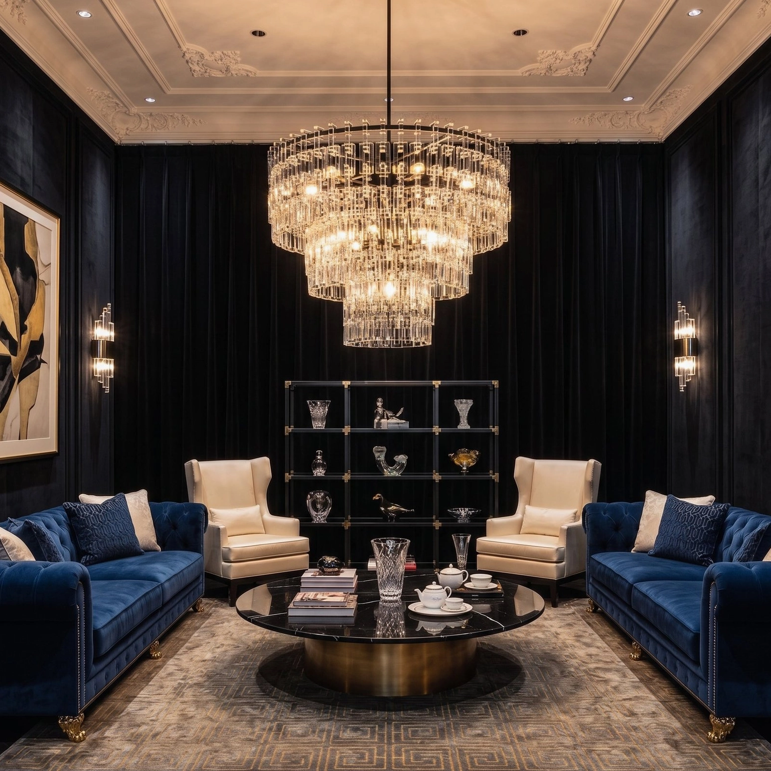 Geometric crystal chandelier illuminated in luxury living room with dark velvet furniture and high-end decor