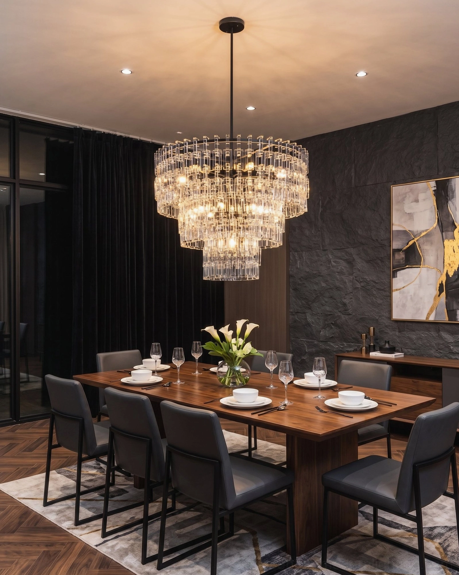Harlow crystal pendant light in minimalist modern dining space with dark accent walls contemporary luxury