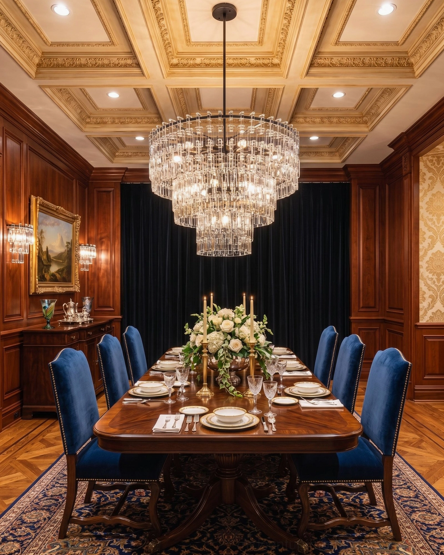 Matte black crystal chandelier in wood-paneled formal dining room traditional luxury pendant lighting