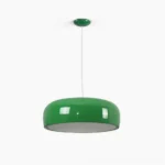 Harper dome pendant light in glossy green finish, frontal studio view showcasing the flattened aluminum shade design with matching green ceiling canopy